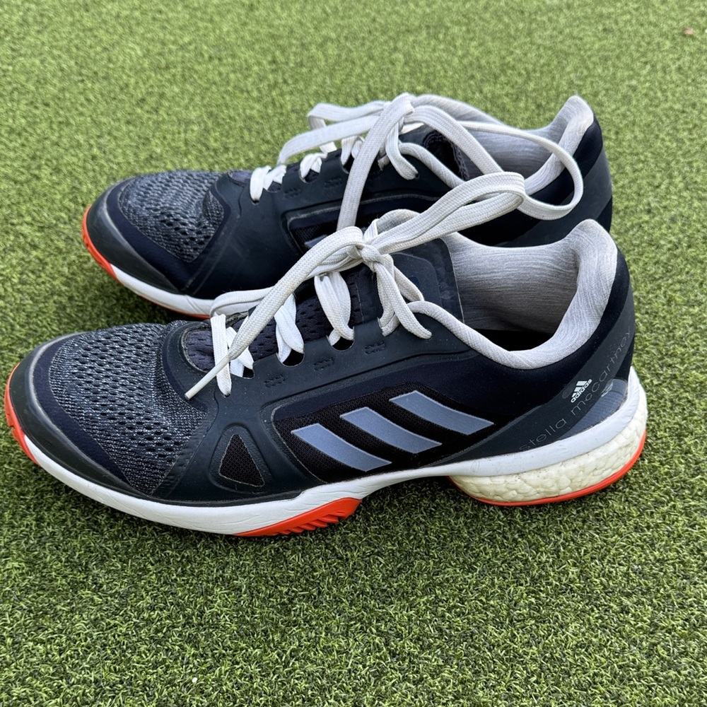 Adidas Navy and White Athletic Shoes with Orange Accents